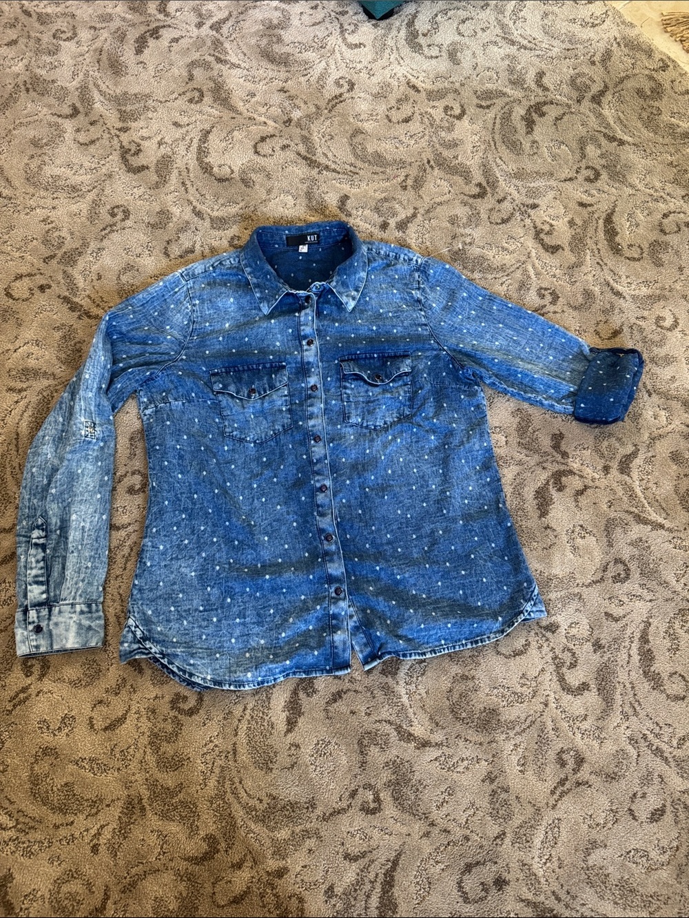 Blue Polka Dot Denim Button-Up Shirt